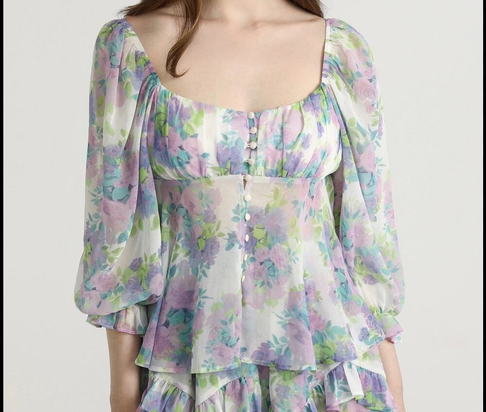 Cider Fairy In My Dreams Button Front Dreamy Purple Floral Flowy Blouse Small